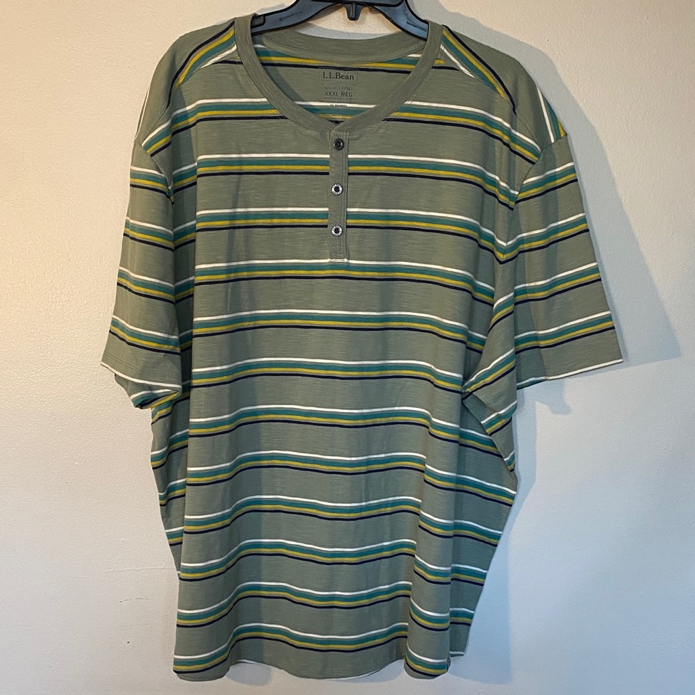 L.L. Bean Olive Green Short-Sleeve Henley with Yellow & White Stripe Detail